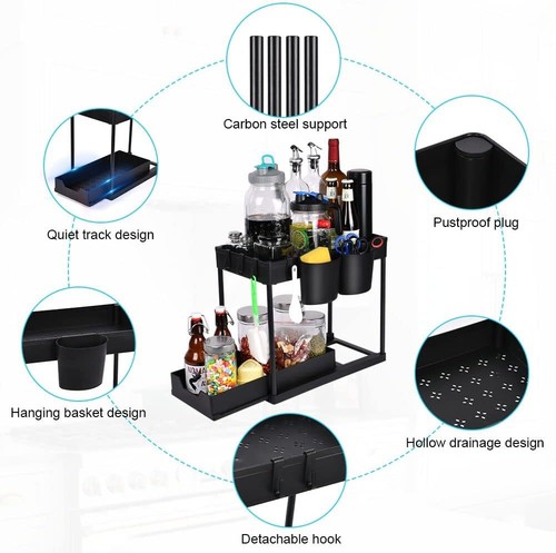 2X Under Sink Storage Organiser Shelf Spice Rack Pull Out Drawer Kitchen 2 Tier - Picture 8 of 16