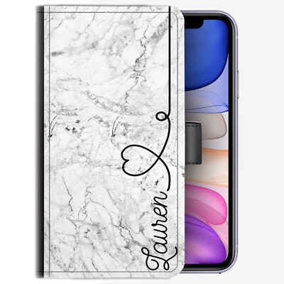Personalisierte Handy-Hülle Initiale; Name & Herz grau Marmor PU-Leder Klapphülle