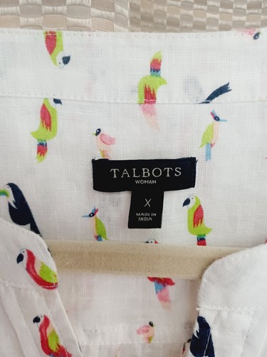 100% Linen Talbots Parrot Tropical Birds Long Sleeve Shirt White Plus Size X - Picture 8 of 14