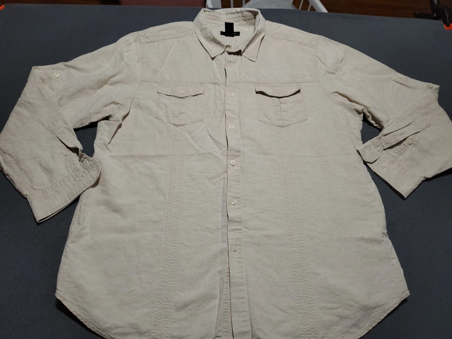 Structure Shirt Men XXL Beige Roll Tab Sleeve Button Up Classic Pockets