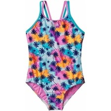 Speedo Girl 16 One Piece Swimsuit Multicolor Tropical Palm Tree Print Racerback