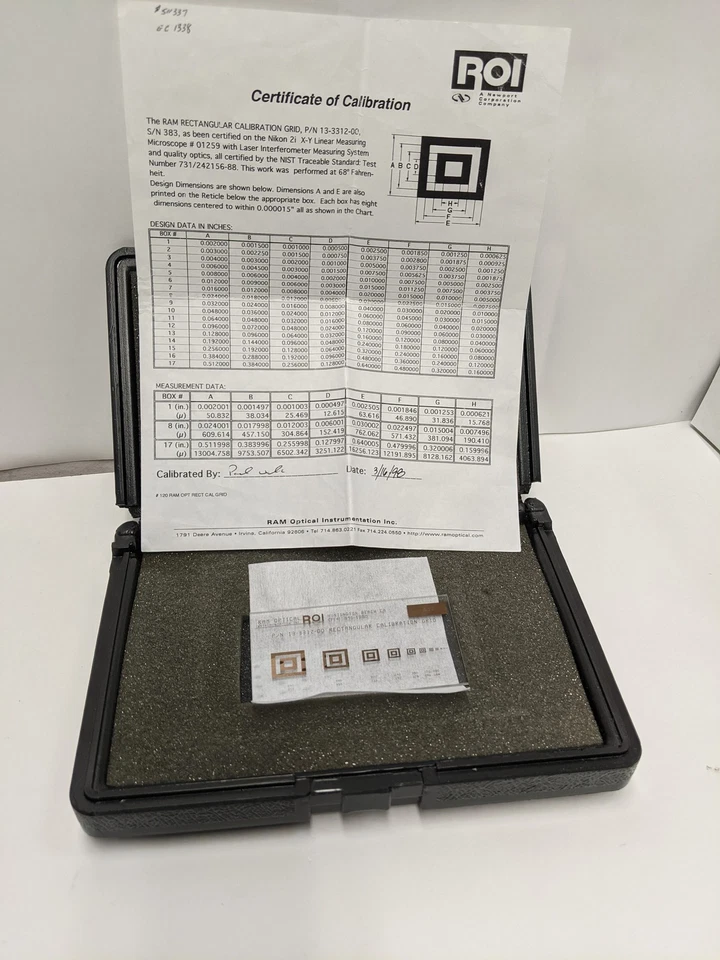 Rejilla de calibración rectangular ROI óptica RAM 13-3312-00 con certificado, S/N 383 Foto 2 de 4