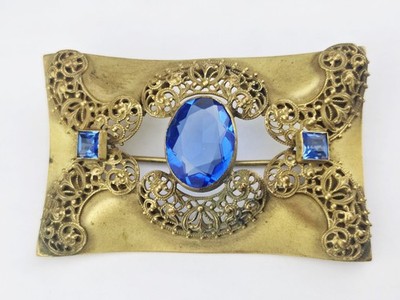 Antique Edwardian Art Nouveau Brass Filigree Blue Crystal Brooch Pin 3'' Gold Plt