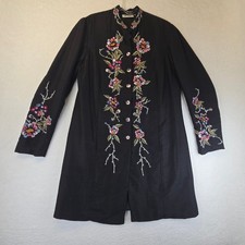 Vintage 90s Silk Blend Floral Embroidered Long Jacket Statement Artsy Womens M