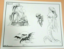 Vintage 1983 RARE Spaulding  Rogers Tattoo Flash Sheet K117 Mermaid Bats Ship
