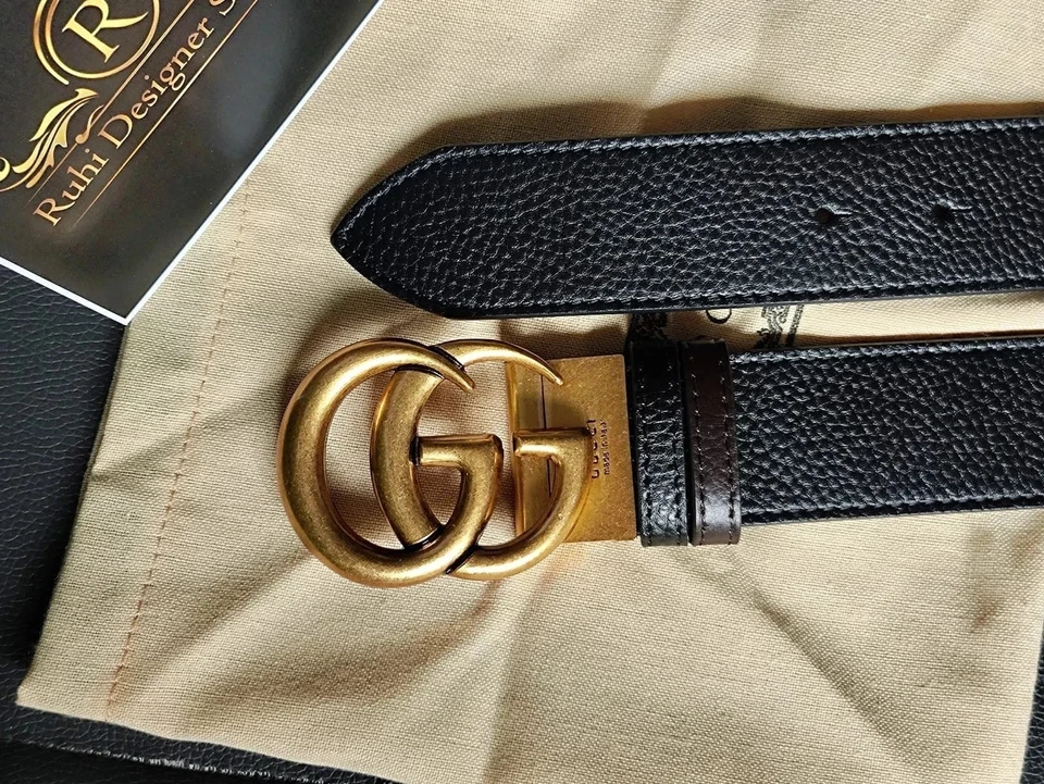 双面黑色/棕色皮革 Marmont Gucci 皮带金色 GG 110 US 38/40-免税 — 第 3/3 张图片