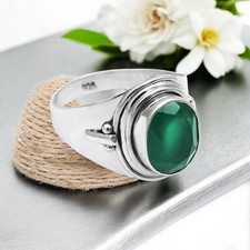 Natural Green Onyx 925 Silver Bezel Promise Statement Band Ring Jewelry Size 7