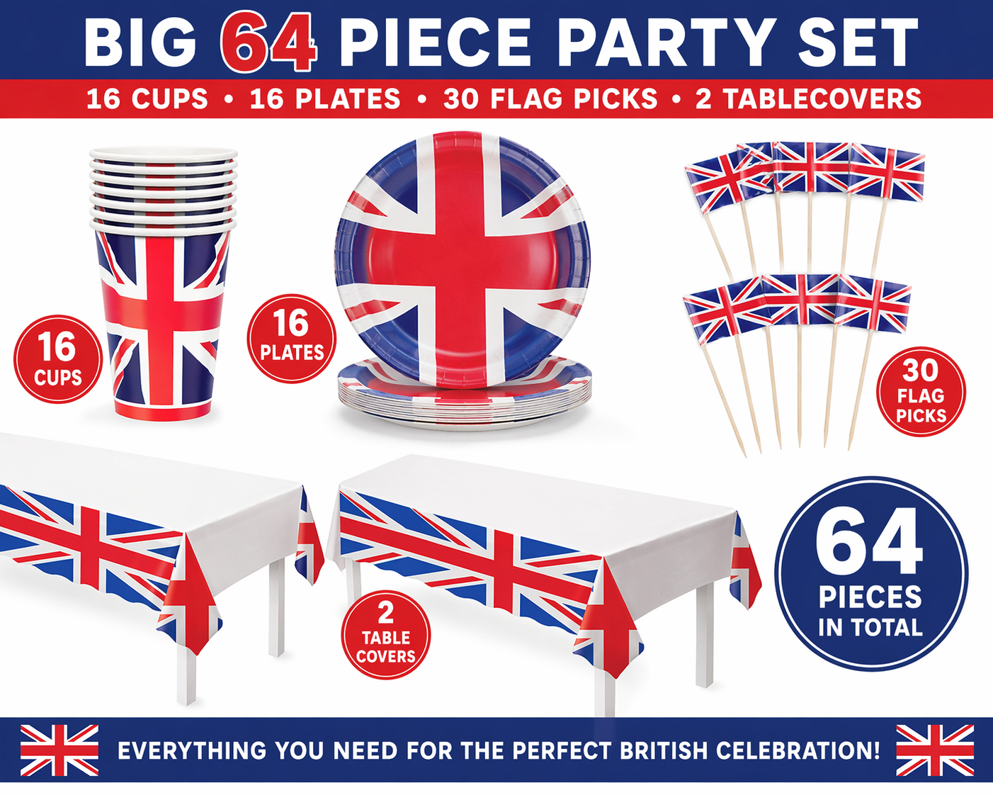 Union Jack Party Set 64PCS British Flag Plates Cups Pick Tablecloths Decorations