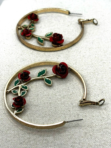 Carved Metal Red Rose Flower Vine Gold Tone 2 Inch Hoop Earrings - Picture 7 of 24