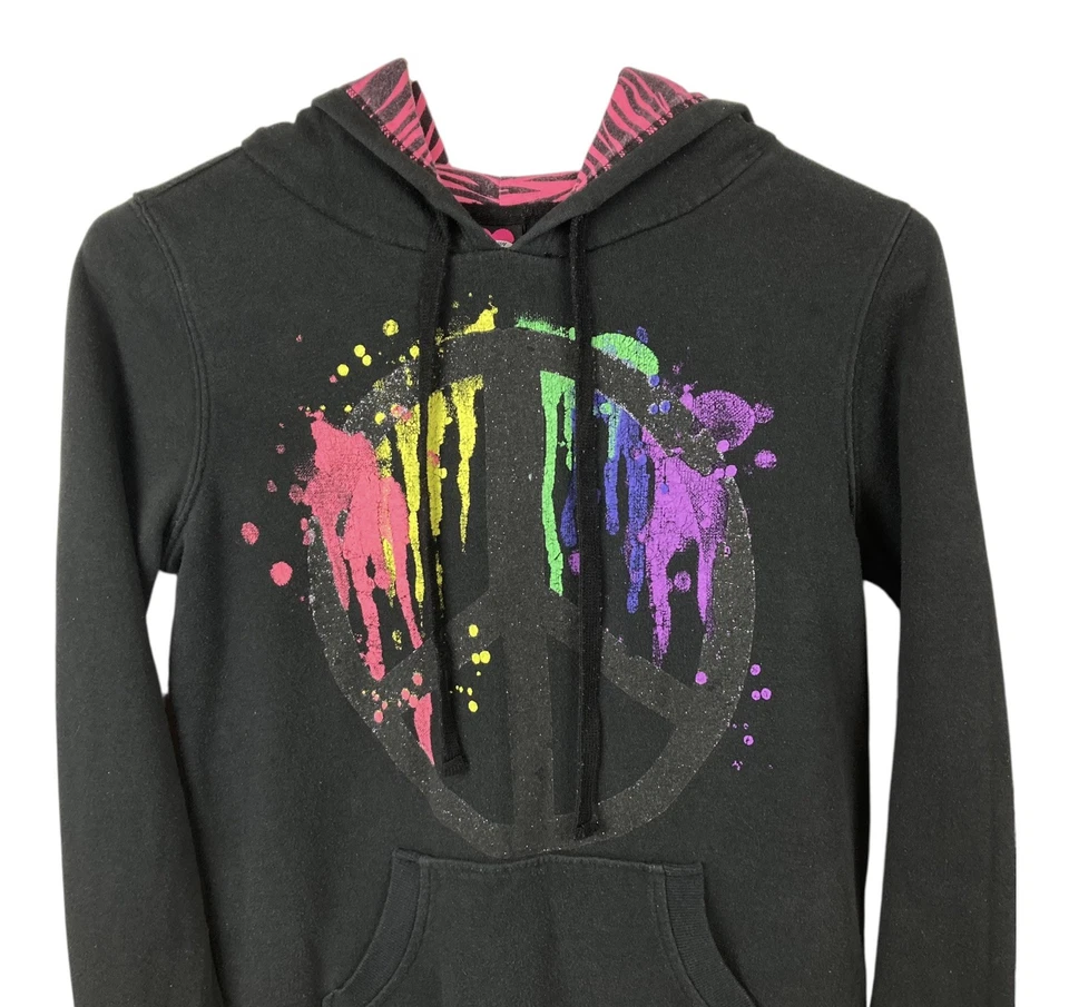 Sudadera con Capucha Hard Candy Símbolo de la Paz Niñas M 7-9 Negra Multicolor Pintura Salpicaduras Bling Foto 2 de 4