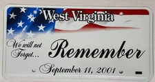 2001 WEST VIRGINIA 9-11 - We Will Never Forget - Remember Sample License Plate