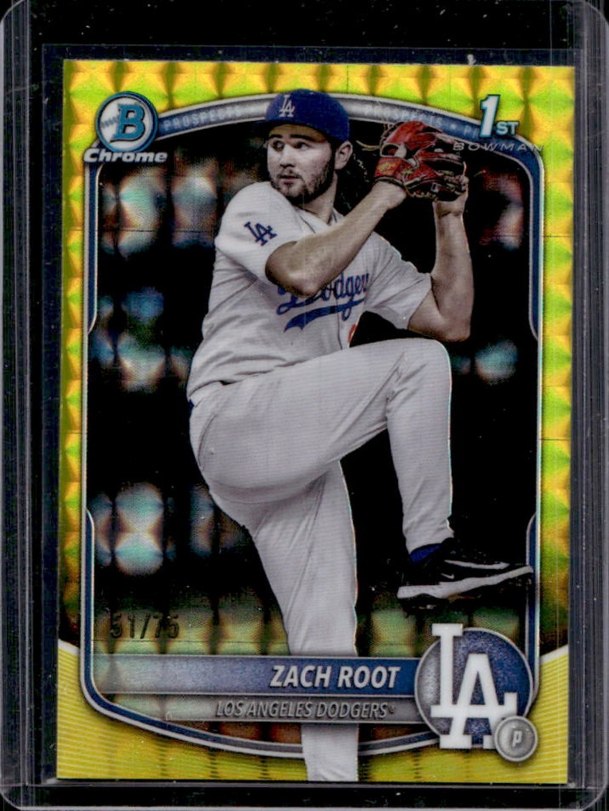 2025 Bowman Draft Zach Root Chrome Yellow Geometric Refractor 1st #/75 Dodgers