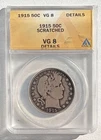 1915 Barber Silver Half Dollar RARE!! ANACS Graded VG8 Details Scratched 138K!