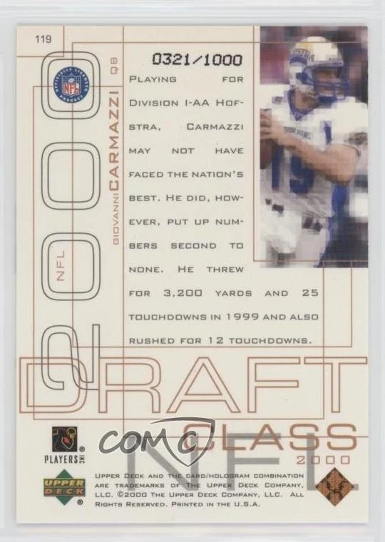 2000 Upper Deck Pros & Prospects Draft Class /1000 Giovanni Carmazzi Rookie RC - Image 2 of 2