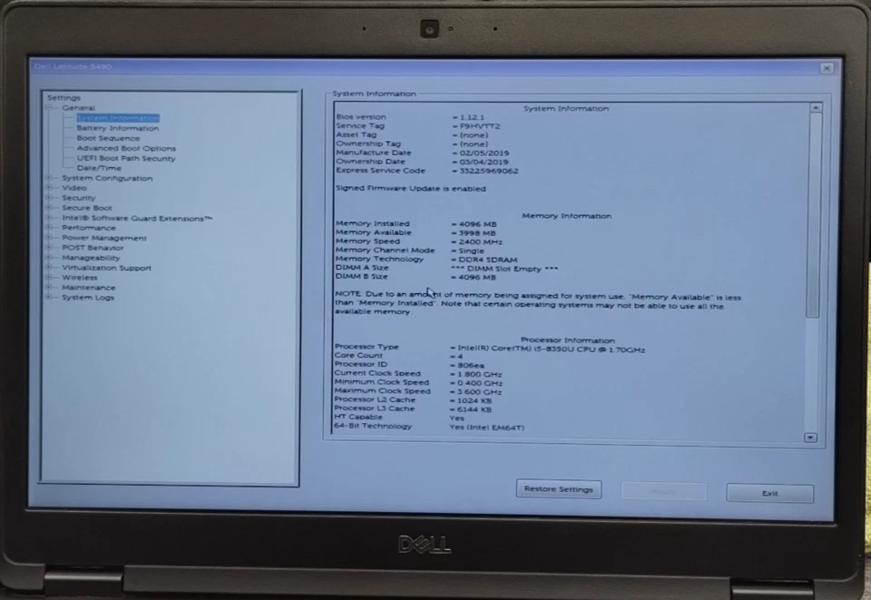 Dell Latitude 5490 14" Laptop i5-8350U 1.70GHz 4GB RAM 256GB NVMe W11P - Image 2 of 4