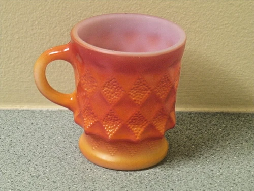 Vintage Anchor Hocking Fire King Orange Coffee Cup Mug Kimberly Diamond Pattern