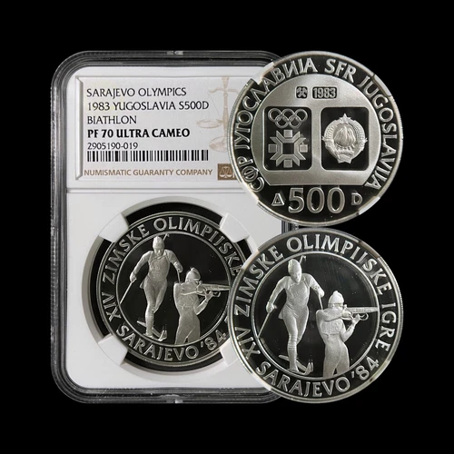 YUGOSLAVIA. 1983, 500 Dinara, Silver - NGC PF70 - Top Pop 🥇 Biathlon