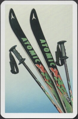 Playing Cards Single Card Old * ATOMIC SKIS + SKI POLES * Skiing Art Picture  B 