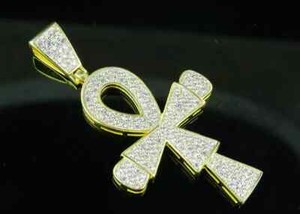 Authentic 1.20Ct Round Cut Moissanite Flare Edge Ankh Cross Pendant 14k Yellow Gold Plated