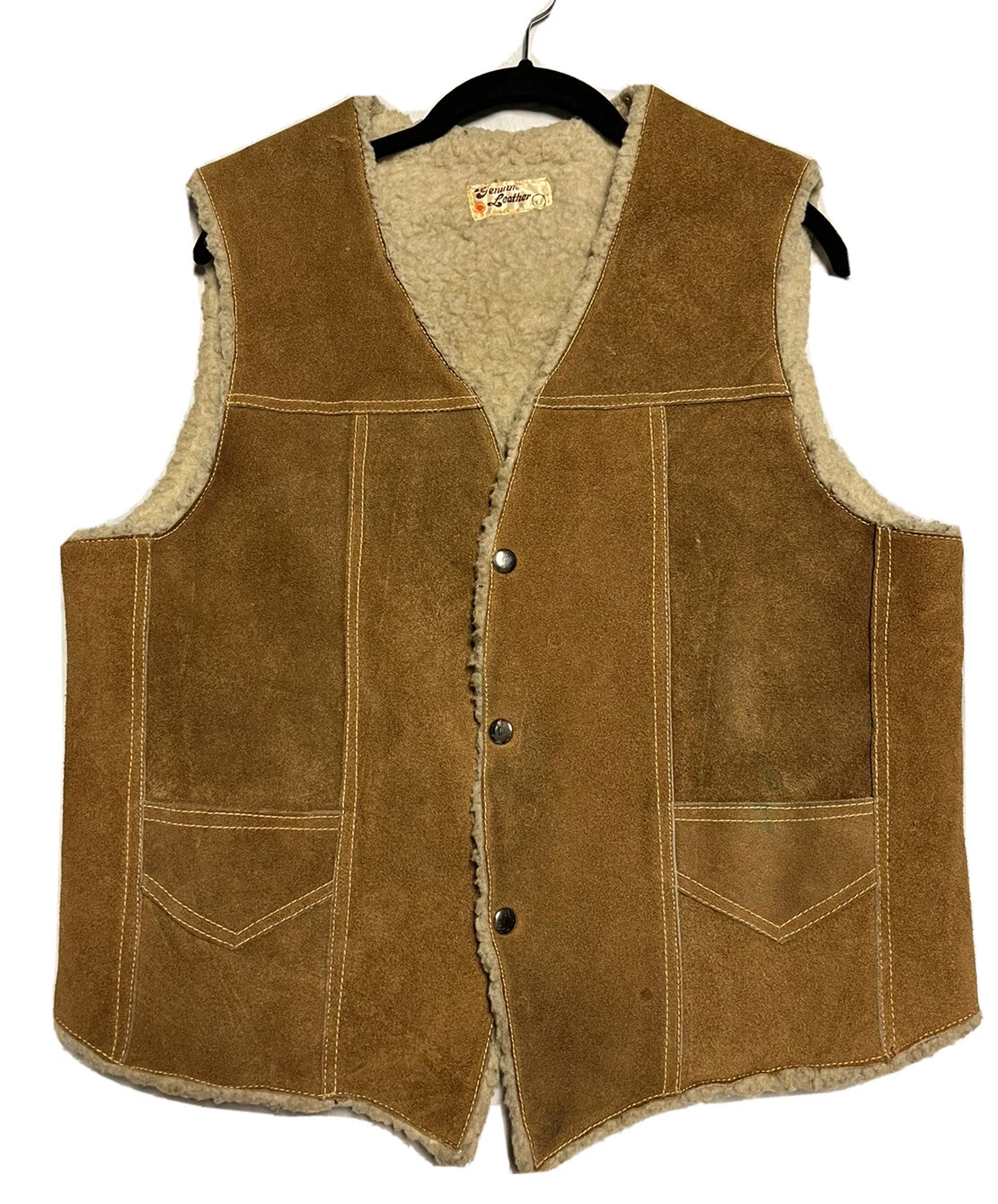Vintage 70s Brown Suede Leather Faux Sherpa Vest Western Classic Size 42