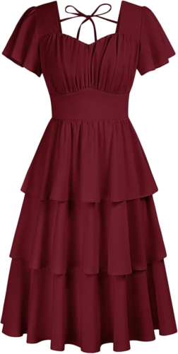 Women'S Square Neck Tiered Ruffle Dress 2025 Summer Vintage Short Sleeve Layered