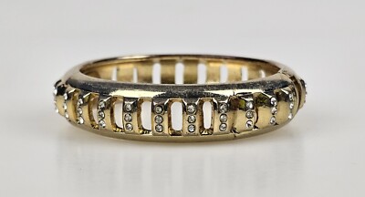 Sequin Brand Hinged Bangle Bracelet Faux Diamond Stones Gems Gold Tone Metal