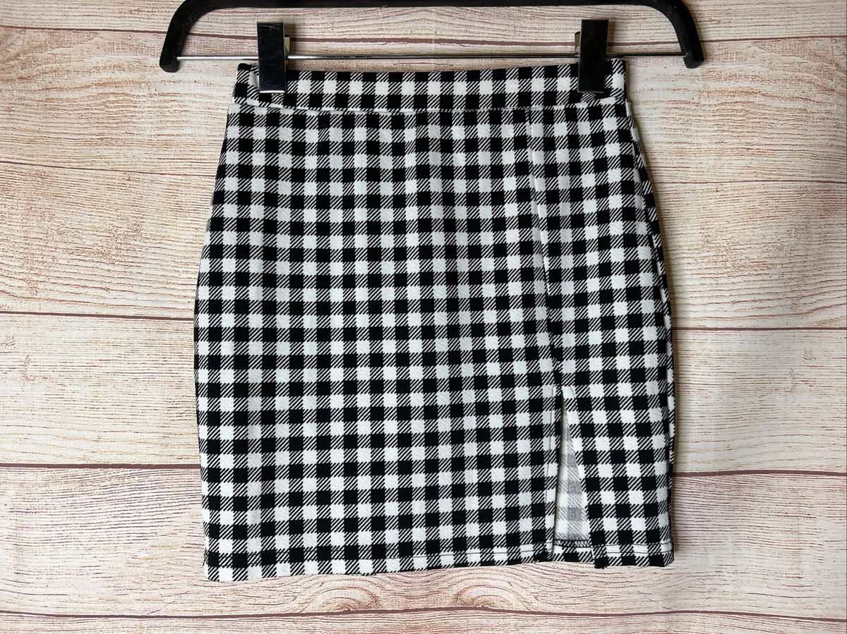Shein Black and White Checkered Skirt with Leg Slit Women Size XS