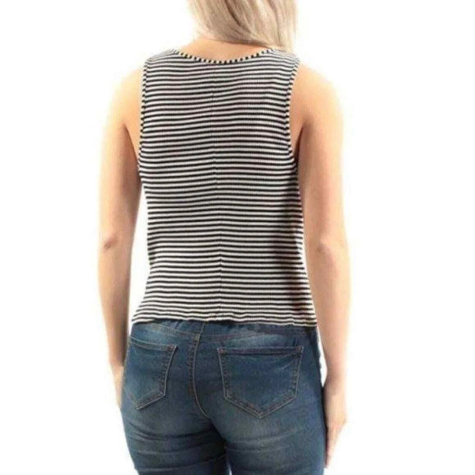 Top acanalado a rayas para mujer Kensie talla S negro blanco sin mangas cuello redondo informal Foto 3 de 4