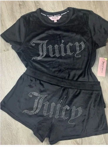 Juicy Couture Black Soft Velour Sleepwear Top & Short 2pc Set Womens Size Medium