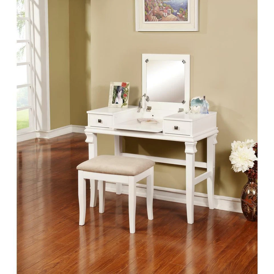 Juego de tocador Linon decoración del hogar blanco cajones de almacenamiento laterales asiento tapizado 2 piezas Foto 2 de 4