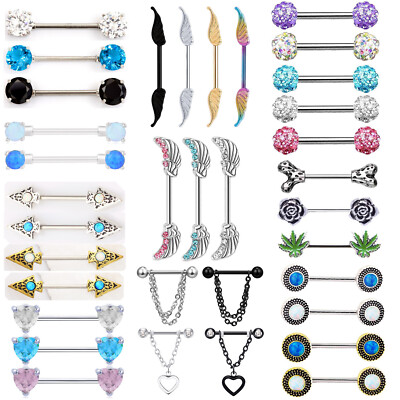 1-2pcs 14G Nipple Rings Tongue Rings Surgical Steel Straight Barbell CZ Piercing