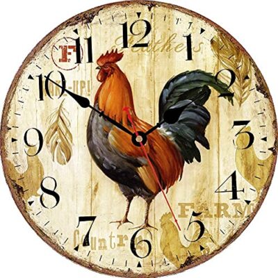 Kitchen Wall Clock 8 Inch Rustic Vintage Rooster Silent Non Ticking Round Qua...