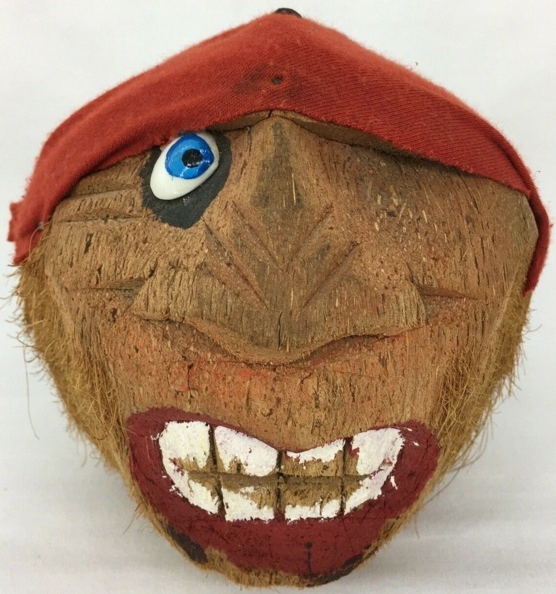 Vintage Coconut Head Face Carved Painted Pirate Seashell Eye Tiki Bar Decor  EUC | eBay