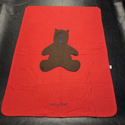 RARE 1999 Couverture rouge Baby Gap avec ours en peluche marron polaire brodée 28x38 po - Photo 1/19