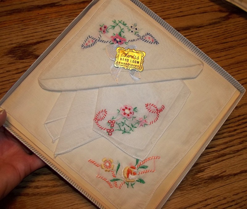 Boxed Set 3 Vintage Ladies Handkerchiefs Hankies SWISS Hand Loom Embroidery