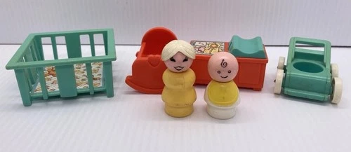VTG 6pc Fisher Price Little People Nursery Lot- BABY & Grandma Figures Furniture