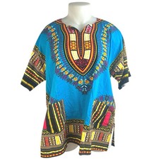Unisex Multicolor Short Sleeve African Dashiki Tribal Caftan Boho Shirt Top L