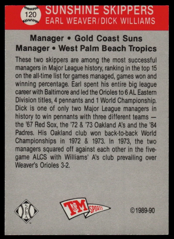 1989-90 T&M Senior League #120 Sunshine Skippers (Dick Williams / Earl Weaver) - Image 2 of 2