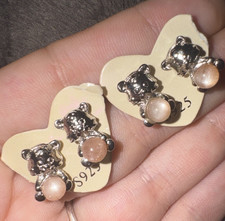 925 Silver Bear Stud Earrings sunstone cabochon Butterfly Back Signed Pair