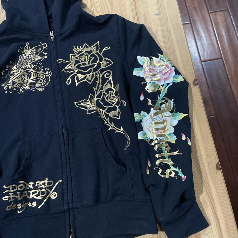 Sudadera Ed Hardy Y2K Negra Sudadera con Capucha Ciudad de Nueva York Recortada Rosa Talla Grande Foto 4 de 4