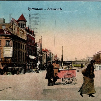 c1910s Rotterdam Netherlands Schiekade Postcard Street Tram Vendor Cart Horse