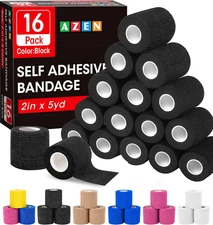 AZEN 16 Pack Self Adhesive Bandage Wrap Black, 2" X 5 Yards Black Athletic Tape,