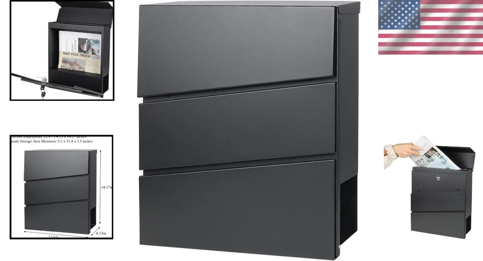 Weatherproof Locking Mailbox with Newspaper Holder – Modern Black Design - Image 2 of 4