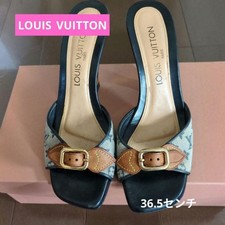 Auth Louis Vuitton Monogram Denim Mule Sandals Blue Leather Buckle Heels Sz 36.5