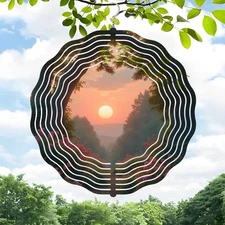 3D Metal Hanging Wind Spinners - Spiral Wave Design with Scenic Sunset & Forest