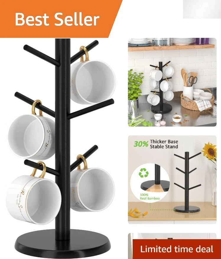 ADERTOS Albero Porta Tazze con 6 Ganci, Portabicchieri in Bambù, Porta Tazze Con Struttura Ad Albero, Porta Tazzine da Caffè Rimovibile, Supporto Tazze legno per Cucina Ristorante Bar, Nero