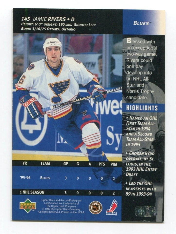 1996 Upper Deck Jamie Rivers Signed Card Hockey OHL Autograph AUTO #145 - Image 2 of 2