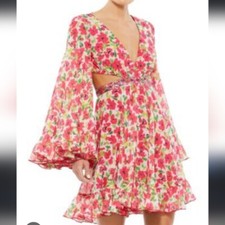 NWT Mac Duggal 9158 Beaded Chiffon Plunging V-Neck Cutout Floral Mini Dress US 4