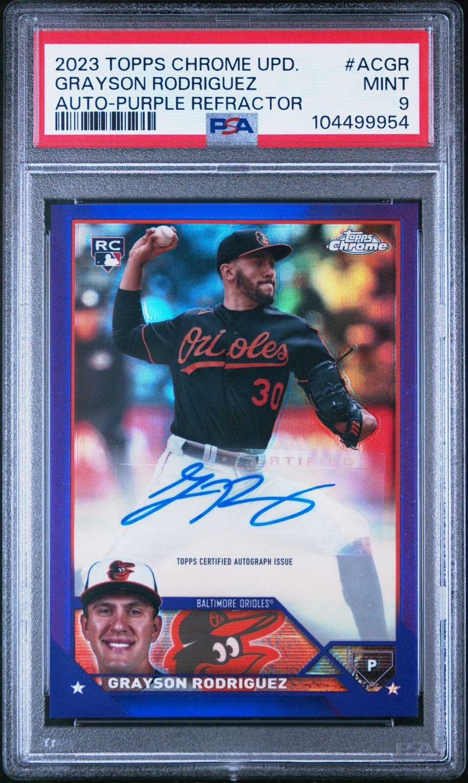2023 Topps Chrome Grayson Rodriguez Purple Refractor Rookie Auto /250 PSA 9 Mint