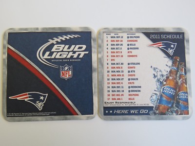 Beer Brewery Coaster ~ BUD LIGHT 2011 New England Patriots NFL Football Schedule